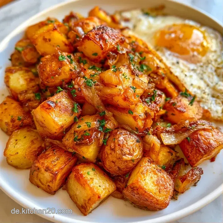 Dampfende, knusprige Bratkartoffeln neben einem perfekt gestockten Ei, garniert mit frischer, gr&uuml;ner Petersilie.