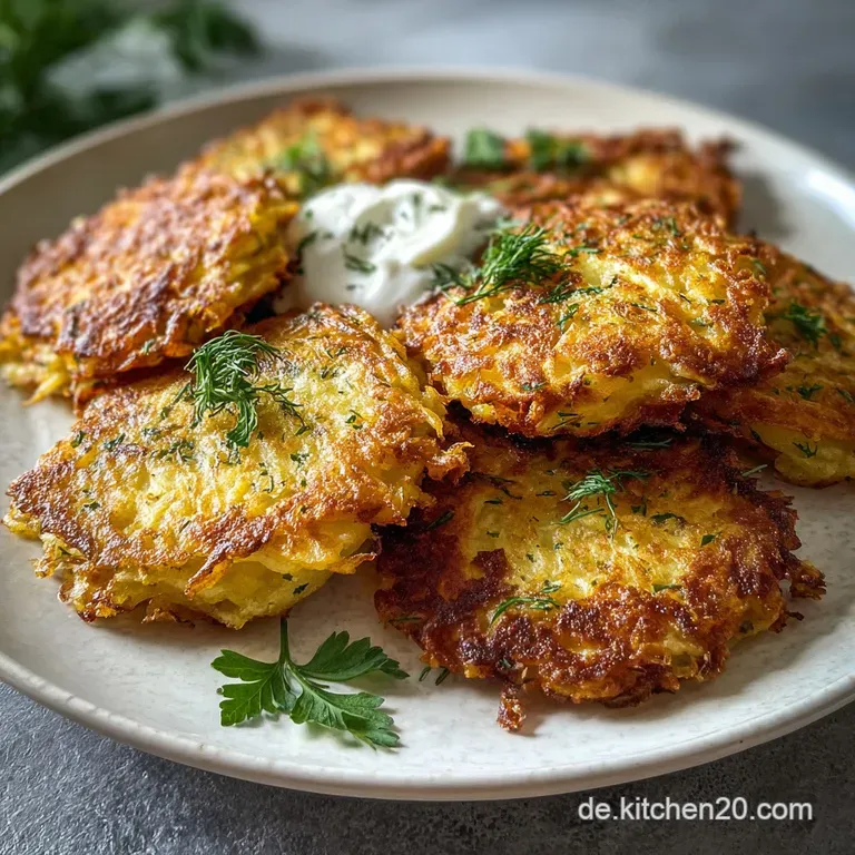 Stack of golden potato pancakes topped with dollops of creamy sour cream and a sprinkle of fresh green herbs on a plate.