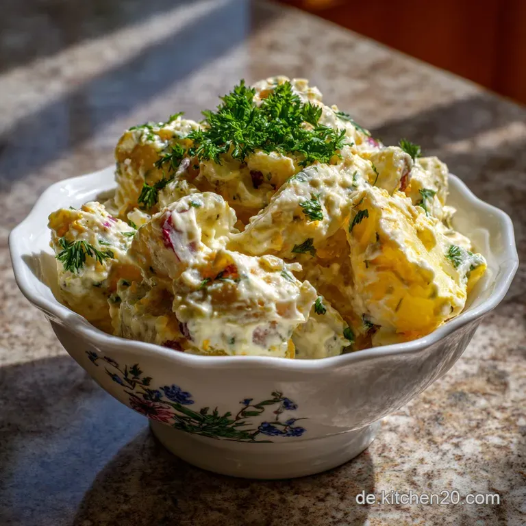Artfully arranged potato salad, garnished with fresh chives, beside a fork on a clean white plate. A light, refreshing meal.