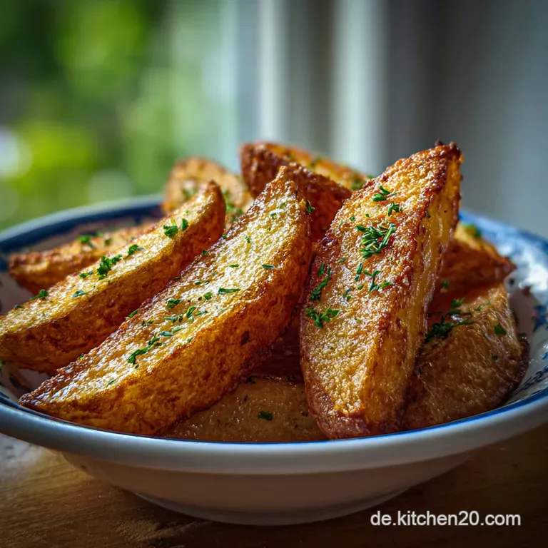 Rustic potato wedges artfully arranged on a white plate, sprinkled with fresh herbs, beside a creamy dipping sauce in a bowl.