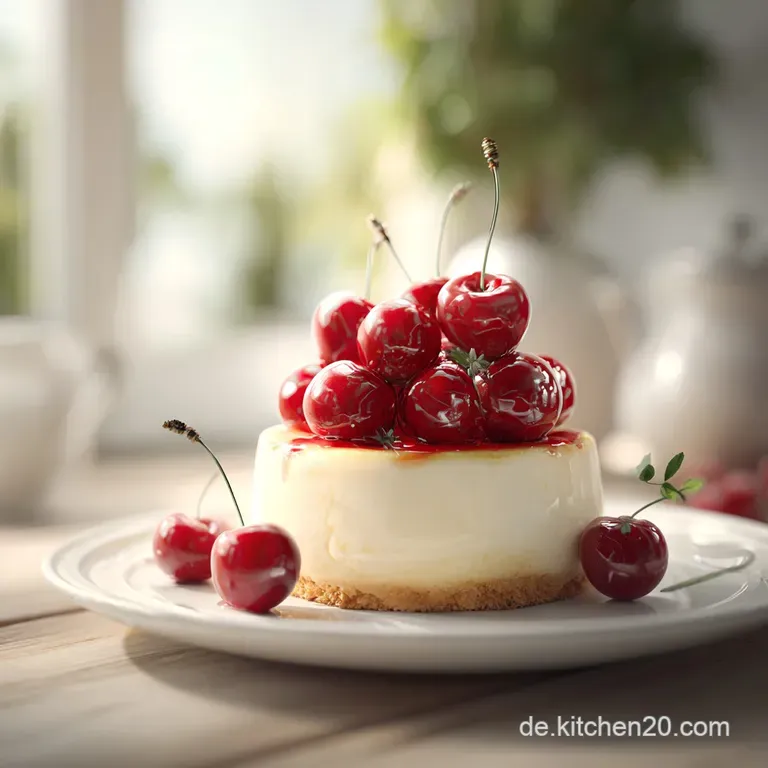 A generous slice of creamy cheesecake with a golden crust, adorned with a swirl of whipped cream and a bright cherry.