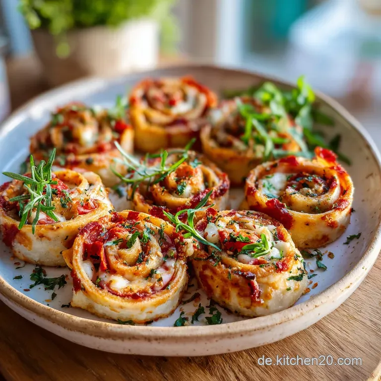 Crisp pizza roll-ups arranged on a rustic wooden board, dotted with fresh basil leaves for color.