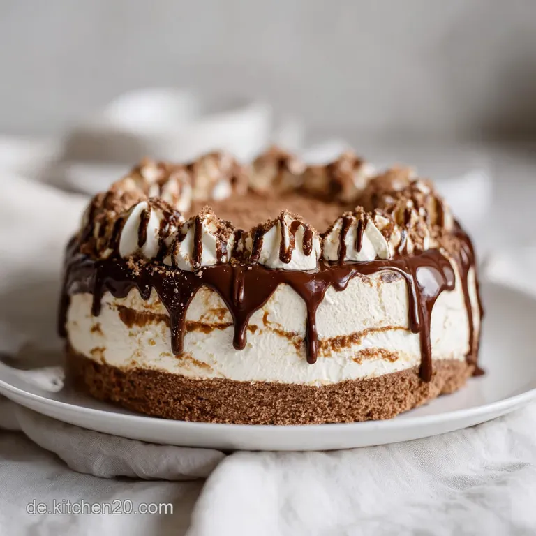 Slice of layered torte revealing hazelnut cream filling. Chocolate shavings and crispy wafer pieces add texture and visual...