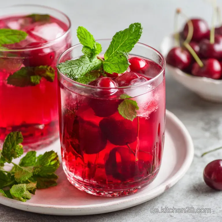 Ein beschlagenes Glas rubinroter Limonade auf einem Tablett, garniert mit einer gl&auml;nzenden Kirsche und frischer Minze.