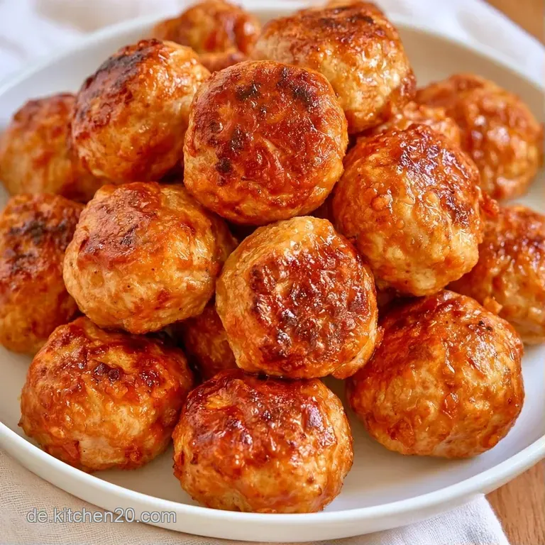 Mehrere knusprig braune Frikadellen auf einer rustikalen Holzplatte mit gelbem Senf und kleinen roten Zwiebelringen.