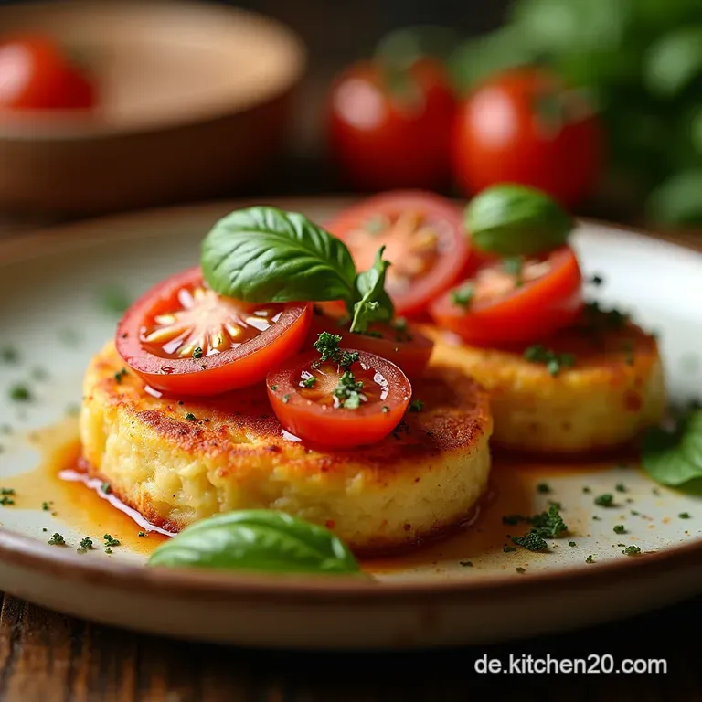 Italienischer Traum Auf Dem Teller Knusprige Bruschettakartoffeln Mit Frischen Tomaten Basilikum presentation