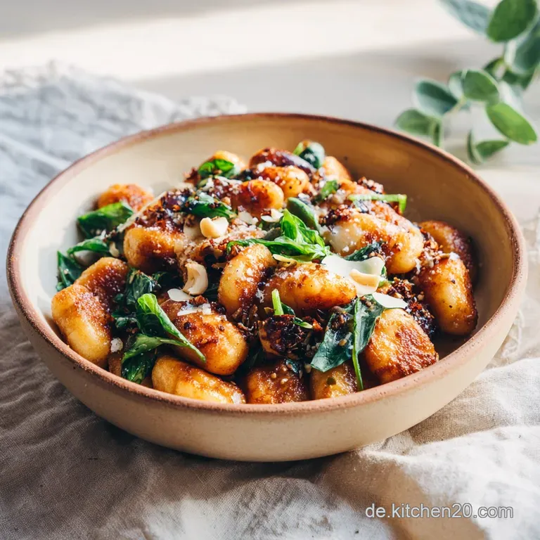 A vibrant swirl of pan-fried gnocchi, tomatoes, and herbs elegantly presented in a rustic bowl.