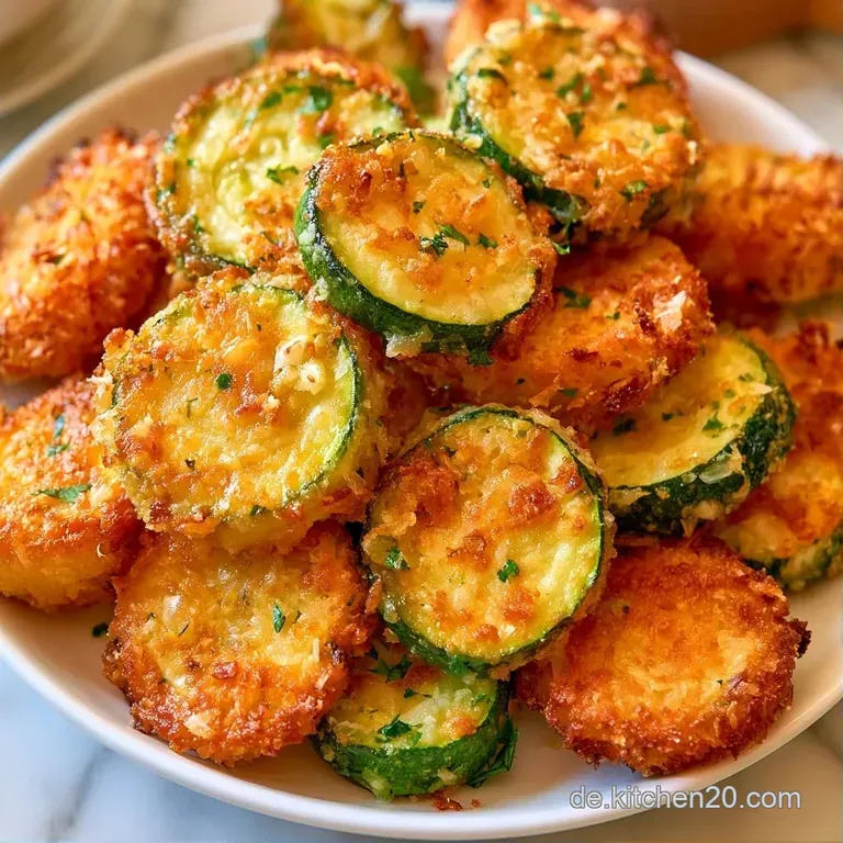 Knusprig gebratene Zucchinist&uuml;cke auf einem wei&szlig;en Teller, kontrastiert durch hellgr&uuml;ne Farbt&ouml;ne und goldene Kruste.