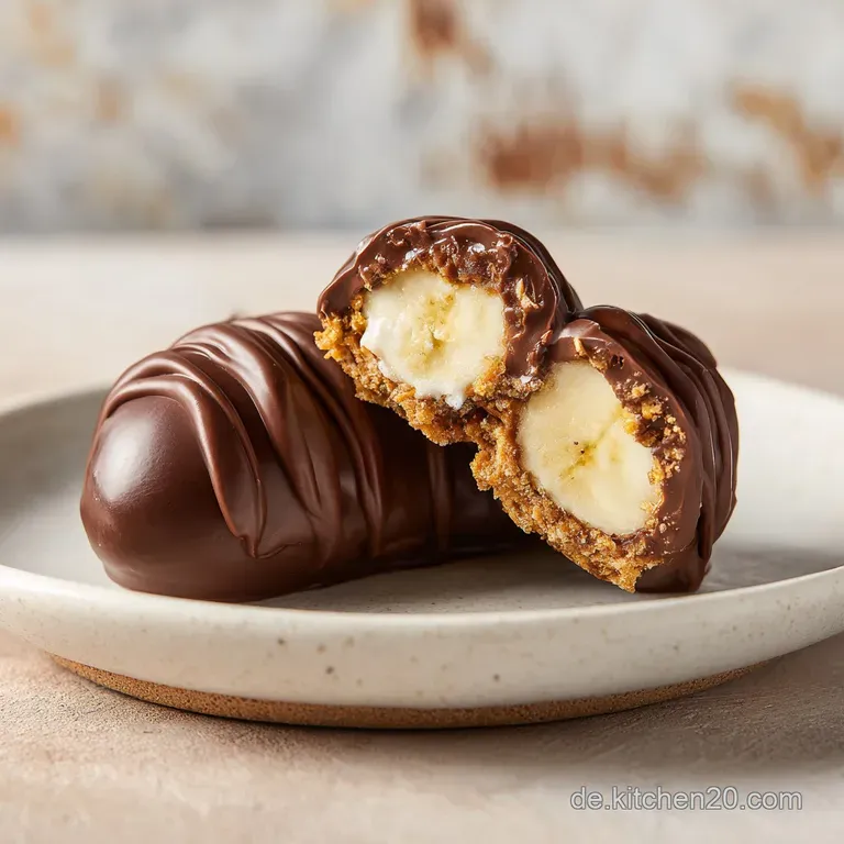 Elegant plate featuring sliced chocolate banana dessert. Glossy chocolate shell and soft banana filling. Sprinkled with co...