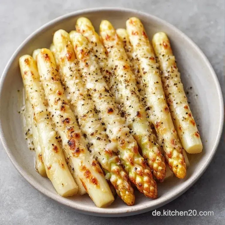 Ein wei&szlig;er Teller mit knusprig ger&ouml;stetem gr&uuml;nen Spargel, garniert mit Zitronenscheiben und groben Salzkristallen.