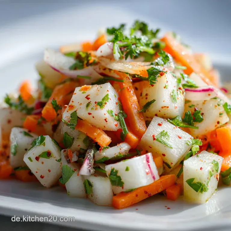 Close-up of a vibrant kohlrabi salad in a glass bowl, showcasing colorful carrots and herbs, offering a refreshing look.