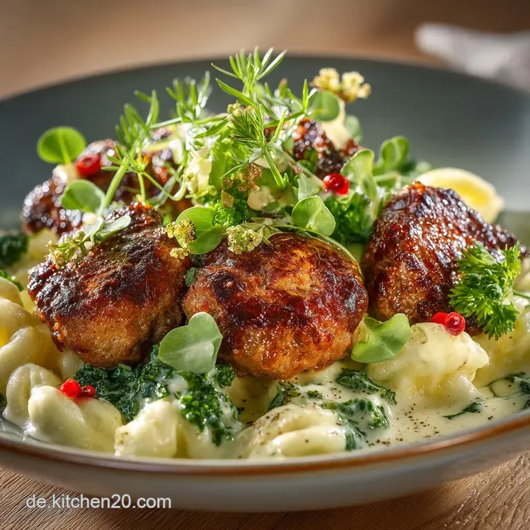 Omas Klassiker Sämiges Kohlrabigemüse mit Frikadellen und EierSpätzle presentation