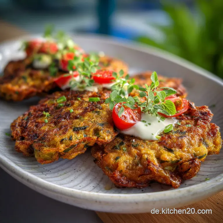 Tower of golden vegetable fritters plated elegantly, topped with creamy mozzarella and herbs, tempting and fresh.
