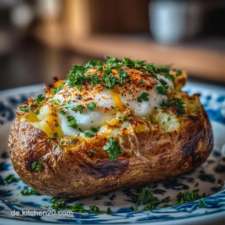 A neatly plated kumpir, overflowing with savory toppings. Melting butter glistens, inviting you to savor this flavorful po...