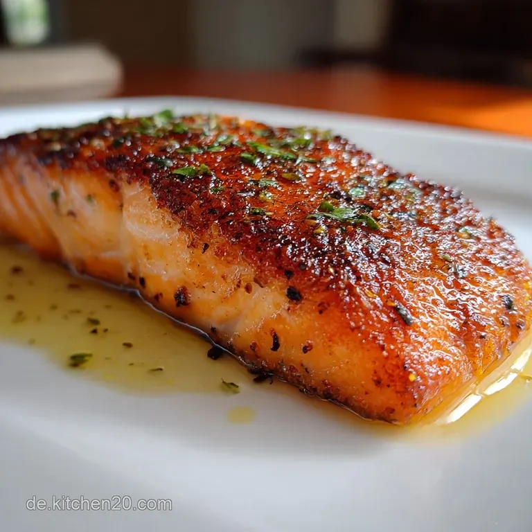 Perfectly cooked salmon fillet glistening with lemon, herbs, and olive oil on a white plate with fresh greens.