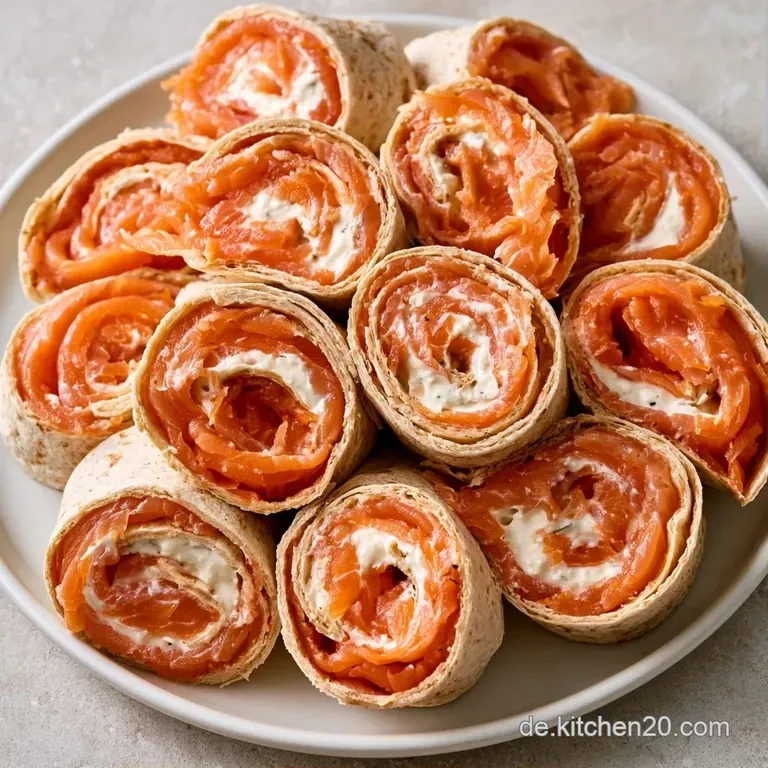 Elegant angerichtete, orangefarbene Lachs-Wraps auf einer wei&szlig;en Platte, garniert mit gelben Zitronenscheiben.