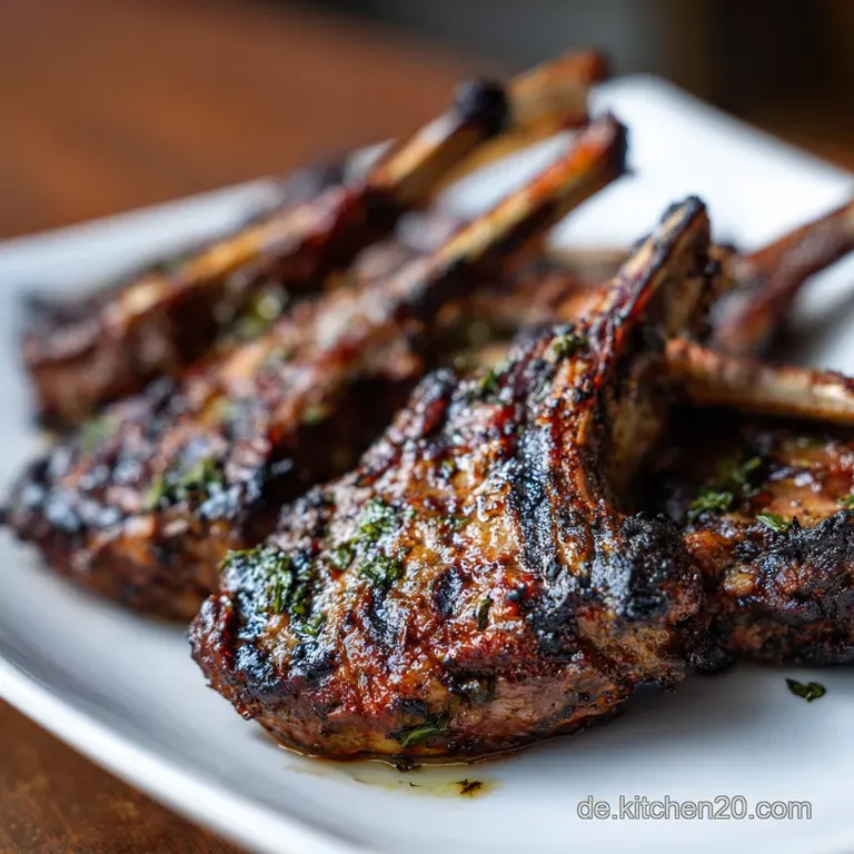 Perfectly charred lamb chop with a sprig of thyme rests on white plate; a smear of sauce adds artistry.