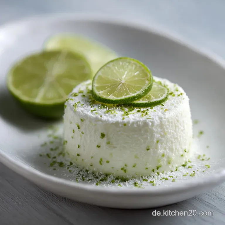 Lime mousse in a stemmed glass, garnished with a lime slice and zest. Smooth, creamy, light green dessert on a white plate.