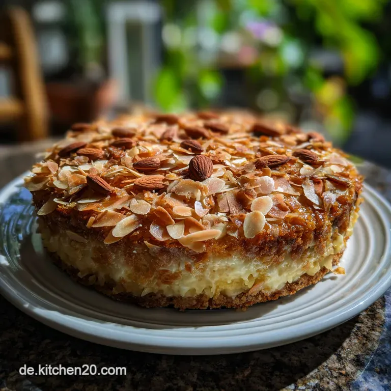Slice of almond cake reveals layers of moist crumb and rich cream. Glistening almonds catch the light, a delightful confec...