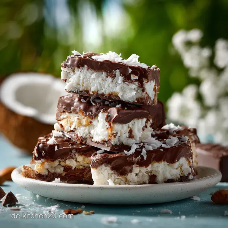 Sliced coconut chocolate bar on a white plate, showcasing layers and a dusting of cocoa powder, next to loose coconut flakes.