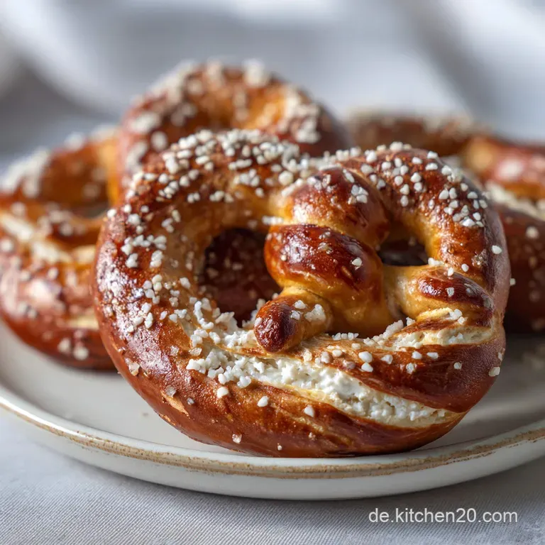 A soft pretzel with a deep crust hue, paired with a scoop of vibrant cheese and herbs served on a rustic wooden board.
