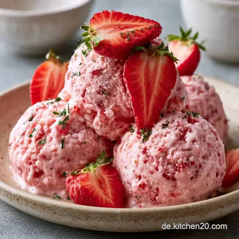 Drei perfekt geformte, zartrosa Eiskugeln auf wei&szlig;em Porzellan, umrahmt von gl&auml;nzender, roter Fruchtsauce.