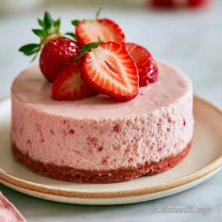 Ein St&uuml;ck saftiger Kuchen auf wei&szlig;em Porzellan, garniert mit einer gl&auml;nzenden Erdbeere und feinen Kokosraspeln.