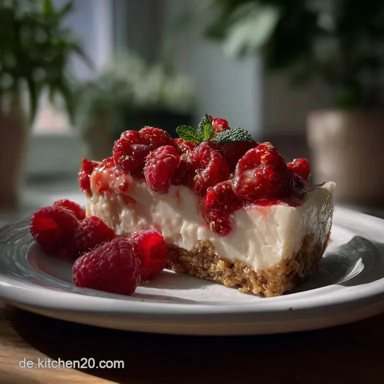 A single slice of the creamy cheesecake reveals a luscious, layered texture, garnished with fresh, juicy raspberries. Perf...