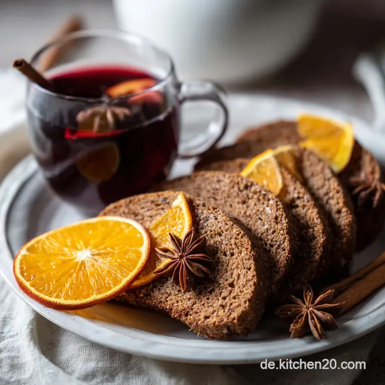 A slice of warm, spiced cake on a white plate, steam rising, cinnamon stick garnish, hints of fruit visible throughout the...
