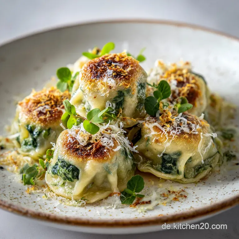 Delicate, creamy cheese and spinach dumplings arranged artfully on a white plate. Hints of herbs provide a pop of freshness.