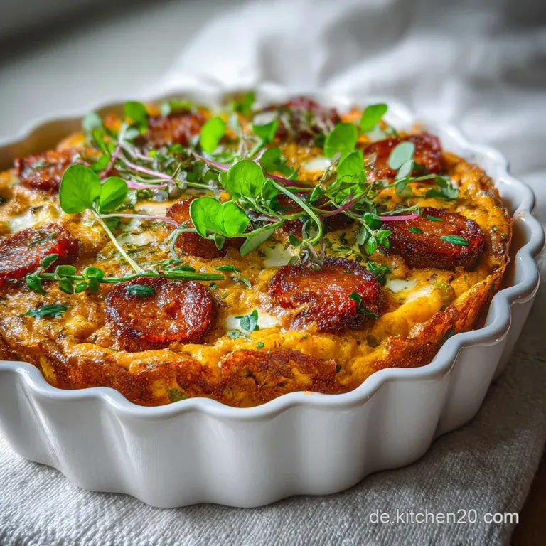 Wedge of frittata showing layers of tender squash, savory chorizo, and fluffy egg, garnished with fresh herbs on a white p...