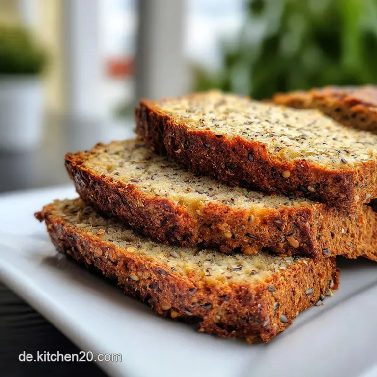 Thick slice of flaxseed bread with a creamy smear of quark, garnished with fresh dill, presented on a white plate with sun...