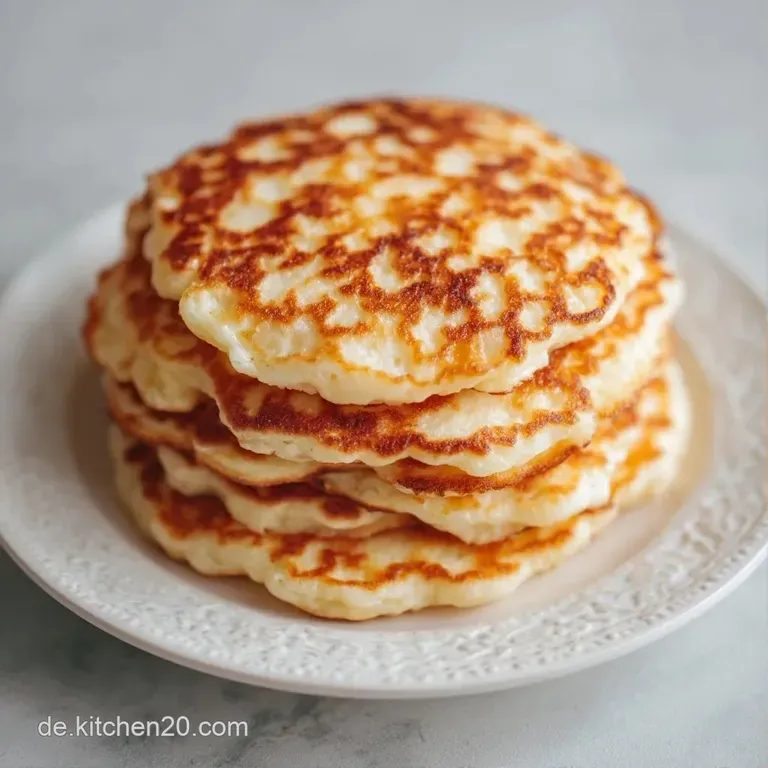 Ein Stapel goldgelber, weicher Teigfladen auf wei&szlig;em Porzellan, fein best&auml;ubt mit Puderzucker und cremigem Quark.