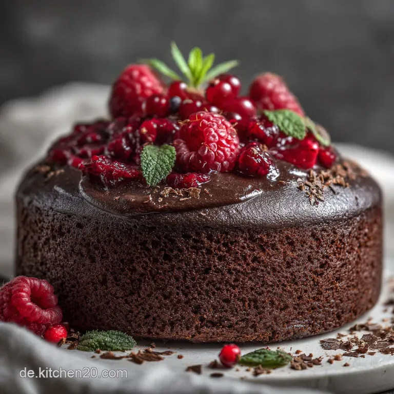 Slice of cake, elegantly presented on a white plate. Garnished with fresh berries, showcasing a rich, dark chocolate inter...