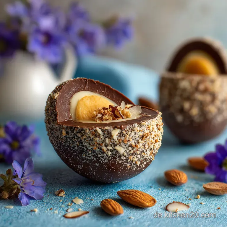 A single, halved dark chocolate egg reveals a creamy filling and almond center. Presented on a delicate white plate, entic...