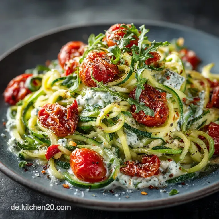 Italienischer Traum auf LowCarbArt ZucchiniSpaghetti mit sonnengereiften Tomaten und herzhaftem Frischkäse presentation