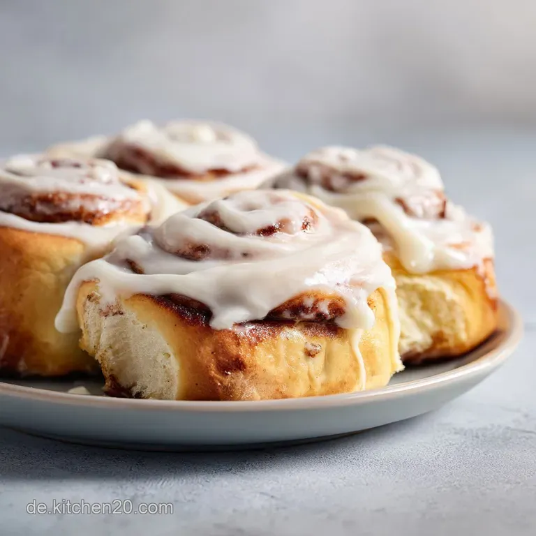 Luftige, goldgelbe Geb&auml;ckrollen auf einer wei&szlig;en Keramikplatte mit gl&auml;nzenden Zuckerguss-Tropfen und weichem Licht.
