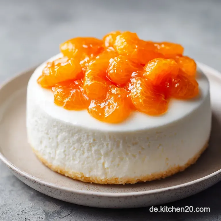 A smooth slice of pale cream cake on a white plate, topped with juicy orange segments and a sprig of fresh mint.