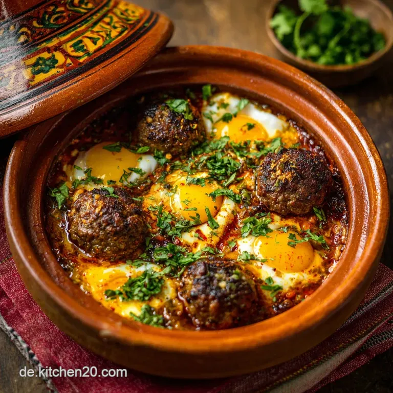 Orientalischer Genuss Saftige Kefta in w&uuml;rziger TomatenTagine mit Ei