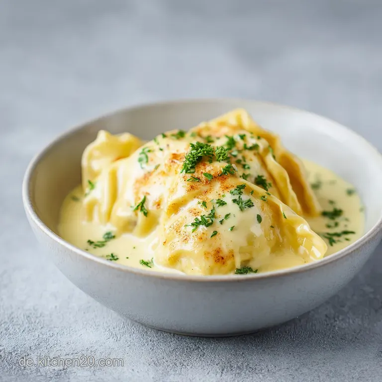 A delicate swirl of rich cream sauce cradles plump, seared pasta parcels, artfully arranged with a sprinkle of herbs.