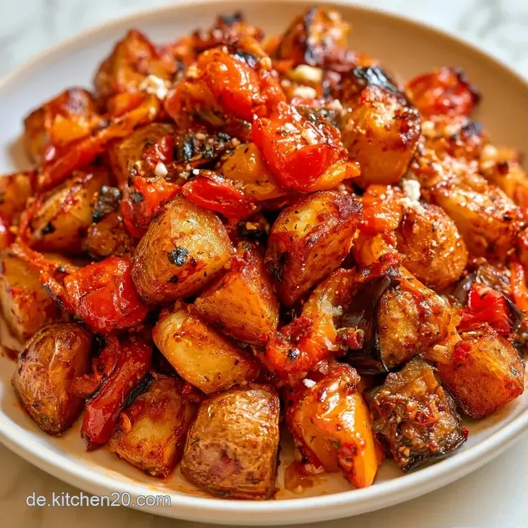 Eine wei&szlig;e Platte mit knusprigen, goldgelben Kartoffeln, cremigen Feta-St&uuml;cken und gl&auml;nzenden, roten Kirschtomaten.