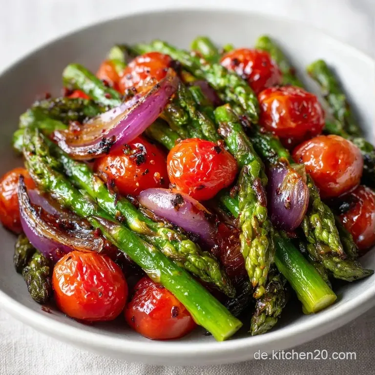 Ein wei&szlig;er Teller mit knackigem gr&uuml;nem Spargel, leuchtend roten Tomaten und frischer Petersilie, fein mit &Ouml;l betr&auml;ufelt.