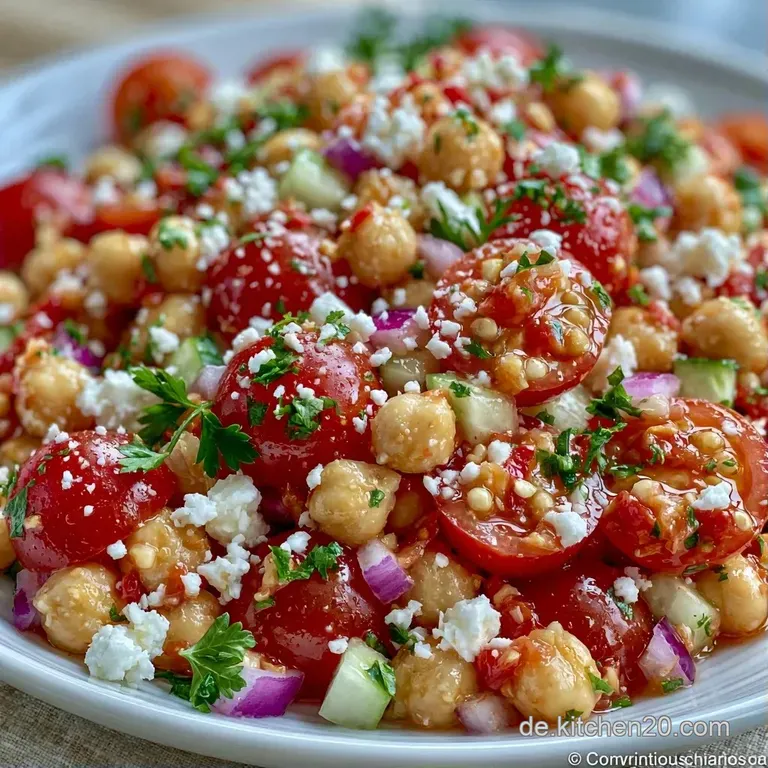 Ein flacher Teller mit geschichtetem Kichererbsensalat, garniert mit zerbr&ouml;ckeltem Feta und frischen Kr&auml;utern.