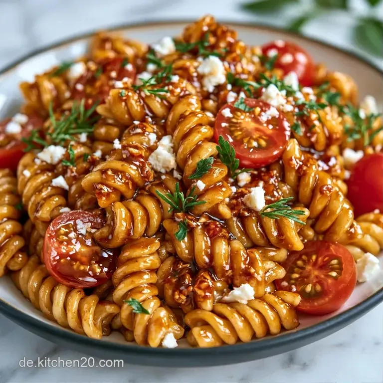 Eine gro&szlig;e Servierplatte mit gl&auml;nzenden Pasta-Spiralen, gelben Paprikast&uuml;cken und dunklen Oliven auf hellem Porzellan.