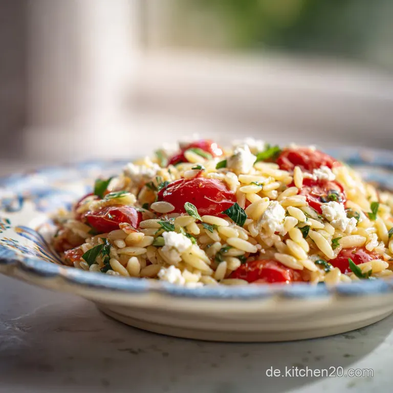 A beautifully arranged bowl of orzo salad, showcasing colorful vegetables and a light, savory dressing.