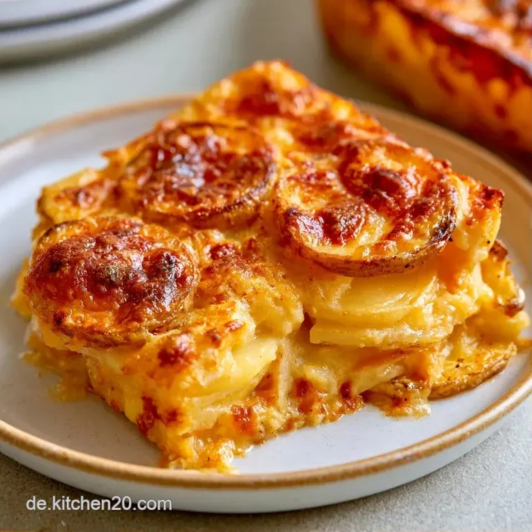 Ein goldgelbes St&uuml;ck cremiges Gem&uuml;se auf einem wei&szlig;en Teller, &uuml;berzogen mit gl&auml;nzender K&auml;sesauce und feinen Kr&auml;utern.