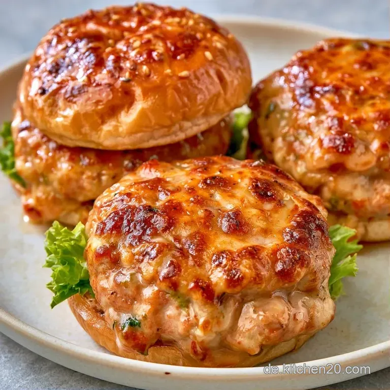 Eine Reihe kleiner Burger auf einem rustikalen Holzbrett, garniert mit frischen Kr&auml;utern und cremigen Saucenklecksen.