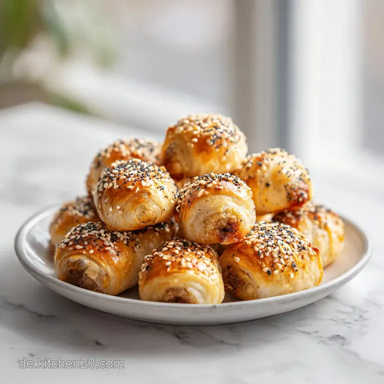 Eine wei&szlig;e Keramikplatte mit ordentlich gereihten Mini-W&uuml;rstchen in weichen Br&ouml;tchen, garniert mit bunter Paprika.