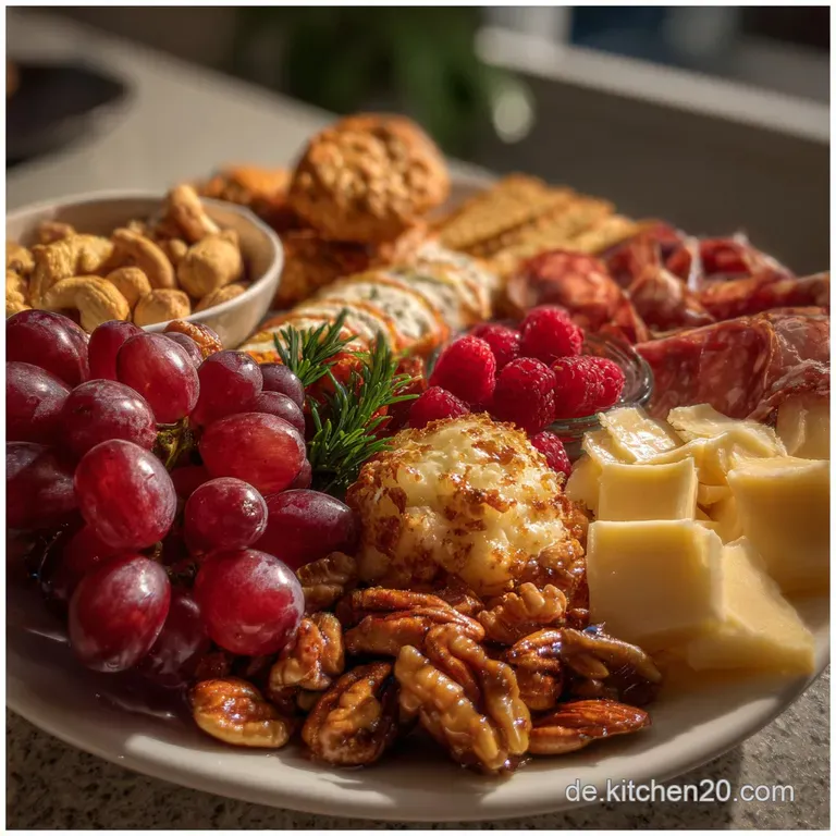 Elegant plate featuring thinly sliced prosciutto, creamy brie, and juicy grapes; a delightful appetizer with inviting text...
