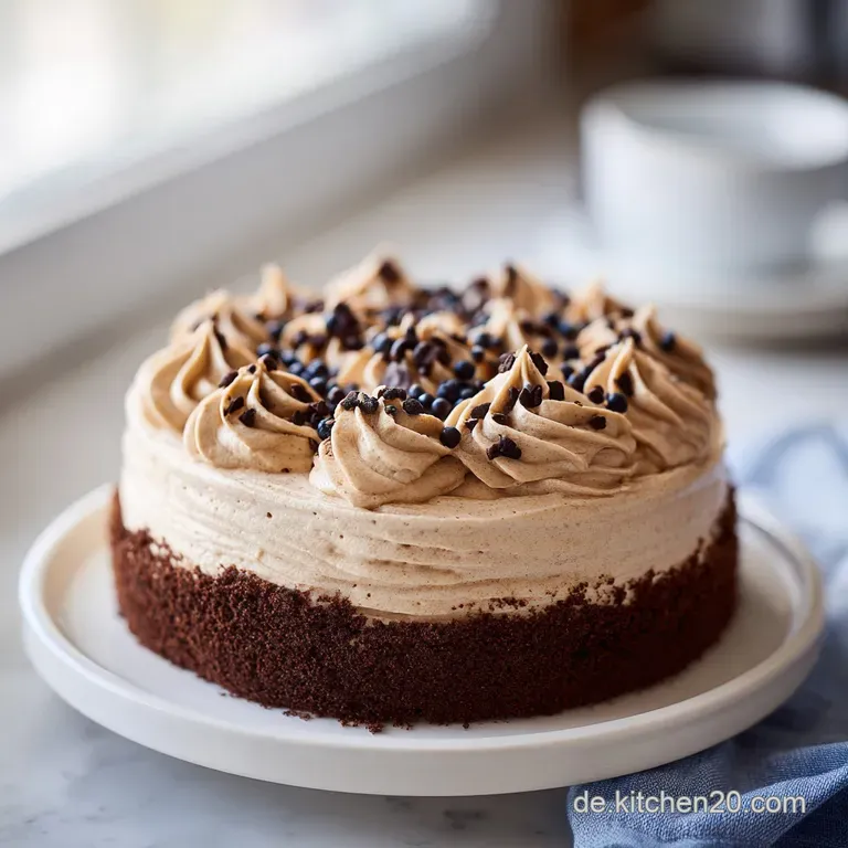 Elegant slice of mocha torte with light buttercream frosting, a dusting of cocoa, and a scattering of chocolate shavings.